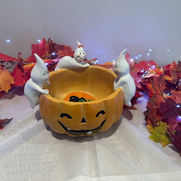 Halloween themed heavy resin pumpkin candy bowl 10.5